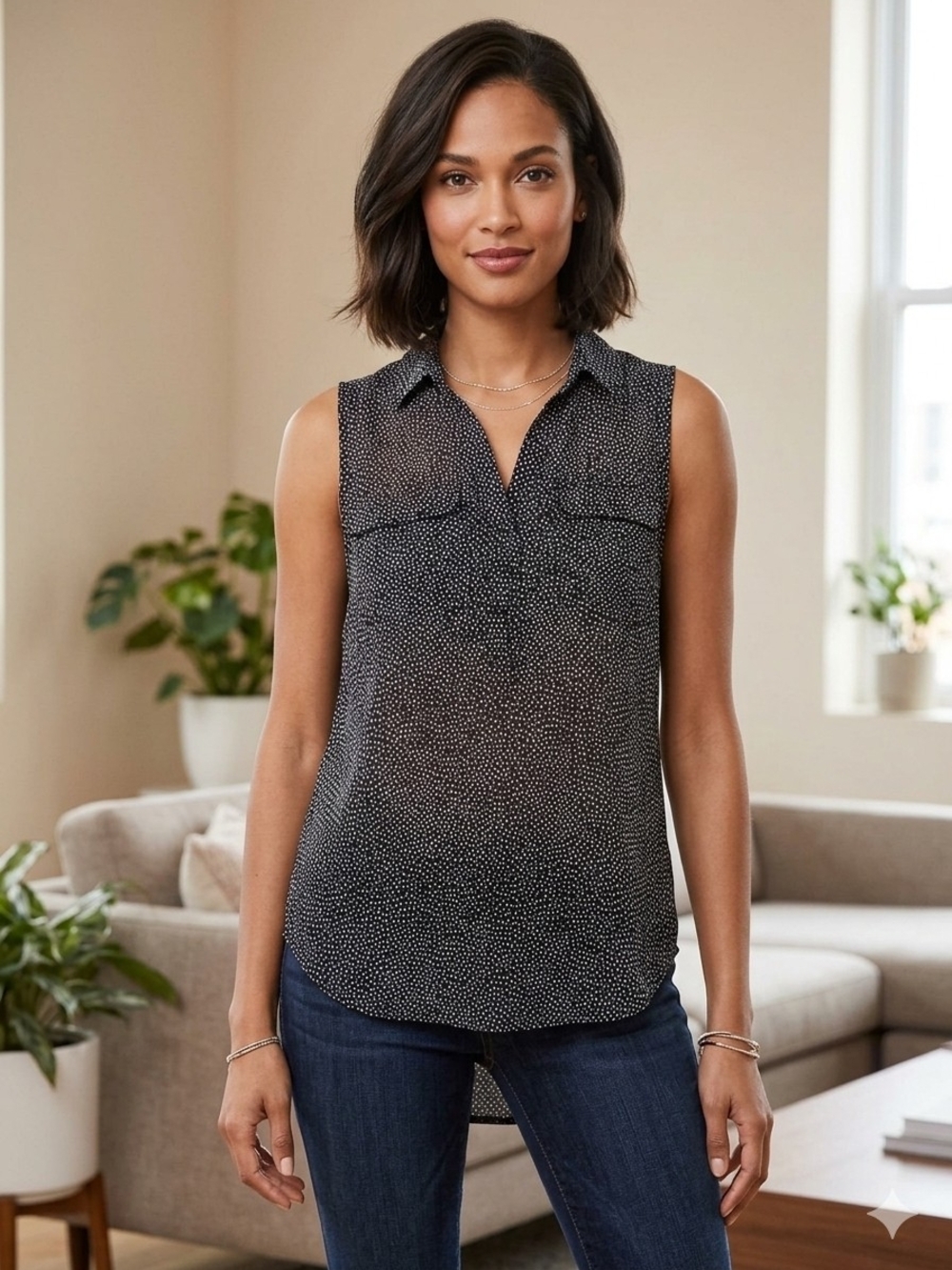 LOFT Black Sleeveless Dot-Print Blouse